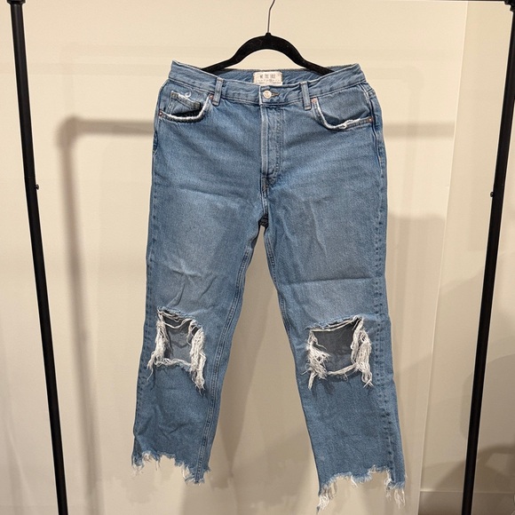 Free People Denim - Free People Blue Distressed Straight Leg Jeans